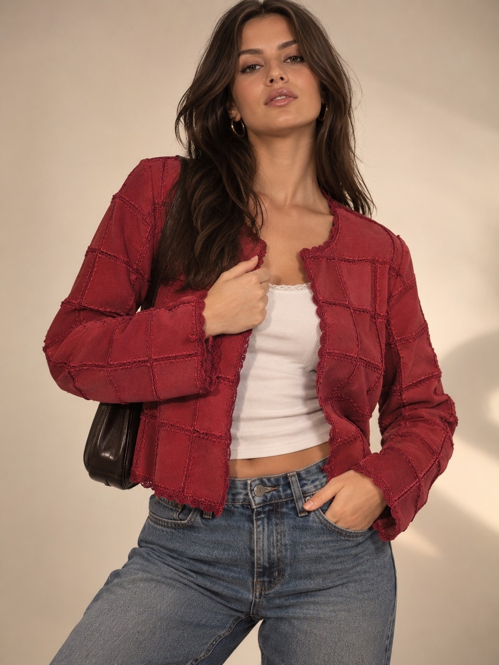 Vintage SMH Woman 1X Red Leather Patchwork Jacket Crochet Trim Y2K Boho